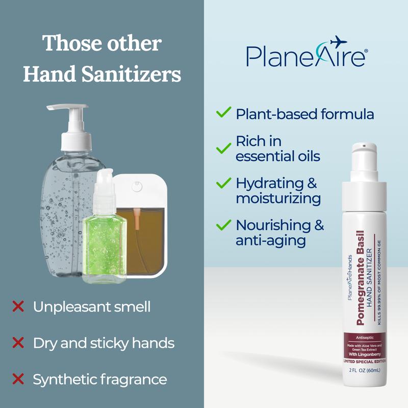 PlaneAire Pomegranate Basil Hand Sanitizer | 2-in-1 Plant-Based Lotion | Soothing, Moisturizing, Hydrating | Vibrant, Refreshing Scent | Made with Essential Oils, Safflower Oil, Lingonberry, and Green Tea Extract | TSA-Approved Travel Essential