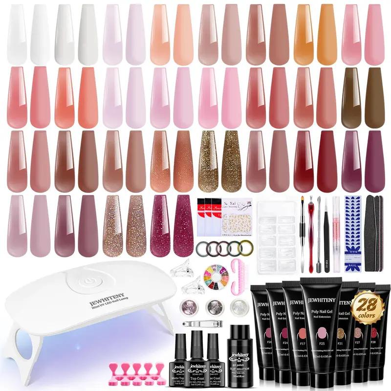 JEWHITENY 14 Colors Poly Gel Nail Kit Starter Kit Poly Gel Kit With Nail Lamp Base Coat Top Coat Builder Gel Nail Kit Manicure Tools All In One