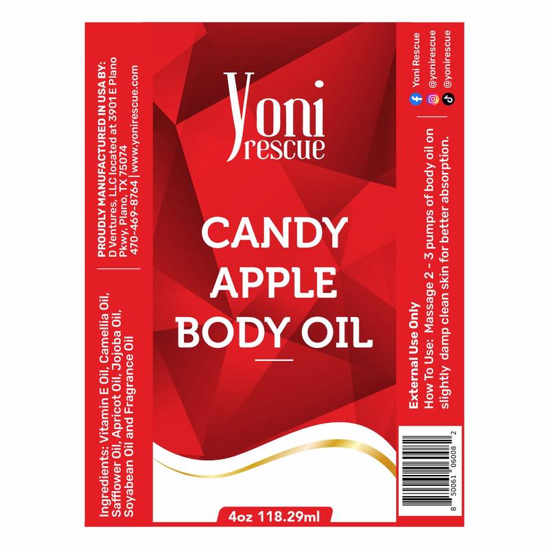 Candy Apple Body Oil, 4oz, with Apricot, Jojoba, Avocado Oils & Vitamin E Oil, Fast-Absorbing, Nourishes and Hydrates Skin, Skin Repair, Body Care, Ideal for All Skin Types,  Apple Fragrance Moisturizer by Yoni Rescue