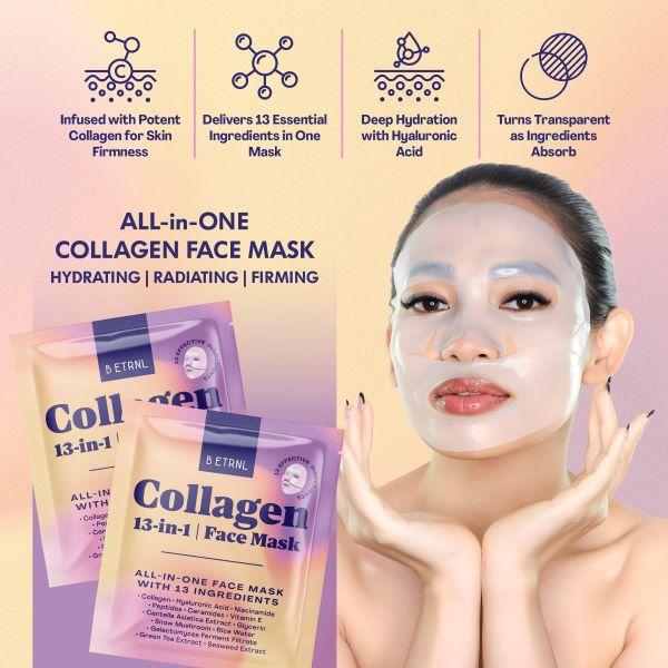 B ETRNL Collagen Face Mask - 13-in-1 Bio Collagen Real Deep Overnight Mask - Hydrating Glass Skin Facial Mask - Anti Wrinkle Korean Skincare Inspired Face Sheet Masks