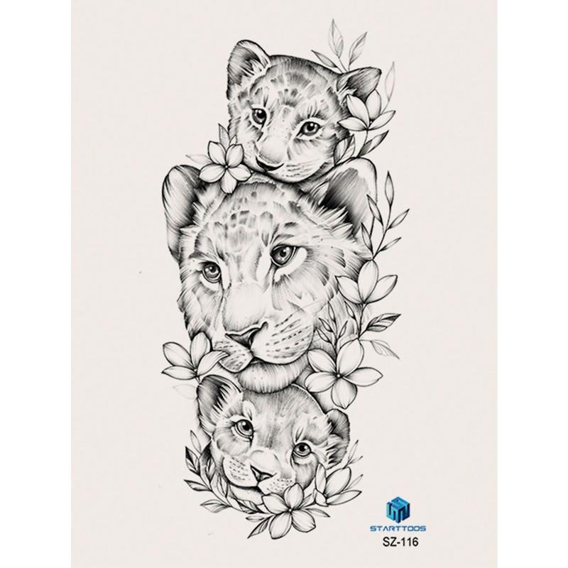 1pc Temporary Tattoo Sticker With Lion Animal Design, Suitable For Arms, Chest, Abdomen, Back, Etc. In Light Black