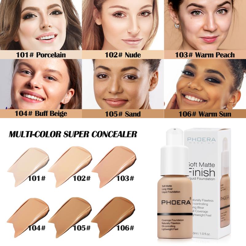 2PCS PHOERA Foundation Makeup Naturally Liquid Foundation Full Coverage Mattle Oil-Control Concealer 5 Colors Optional,Great Choice For Gift