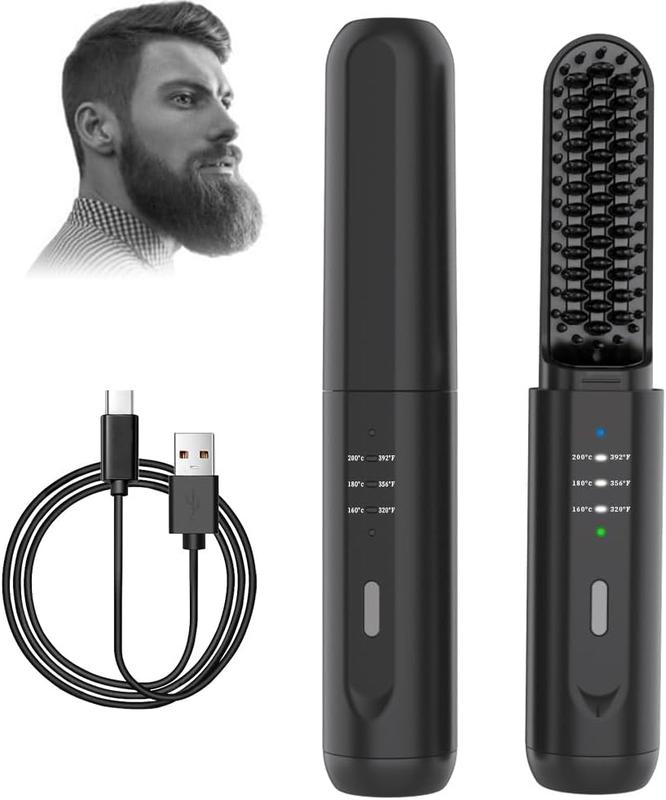 Beard Straightener for Men,  Portable Cordless Hair Straightener, Anti-Scald Heated Beard Brush, Electric Hot Comb 3 Temp Settings, Ionic Mini Straightener for Home Travel, Gifts for Men Him Comfort