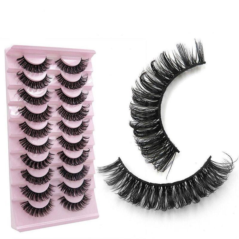 Thick False Eyelashes, 10 Pairs Long & Fluffy D Curl False Lashes, Wispy Cat Eye Look Faux Cluster Lashes, Natural Curling Eye Makeup Strip Lashes