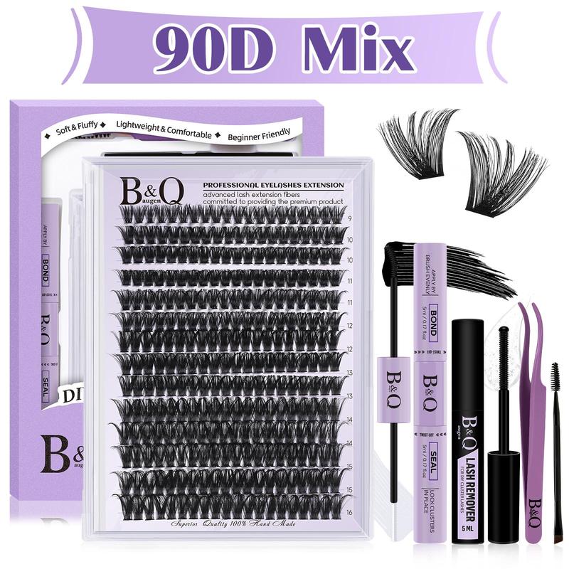 B&Qaugen Eyelash Cluster Kit, 280pcs Volume Lash Extension Kit, 9-16mm Eyelash Extension Kit, 90D False Eyelashes Soft D Curl with Glue & Remover & Lash Tweezers for Beginner At Home, Eyelash Glue Extension, Eyelashes Extension Kit, Eyelash Enhancement