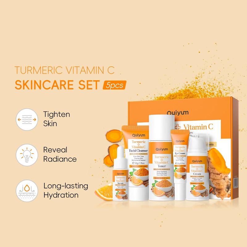 Turmeric Skincare Set (5 Counts set), Facial Cleanser & Toner & Cream & Eye Cream & Serum, Moisturizing Skin Care Kit for Women & Men, Christmas Gift