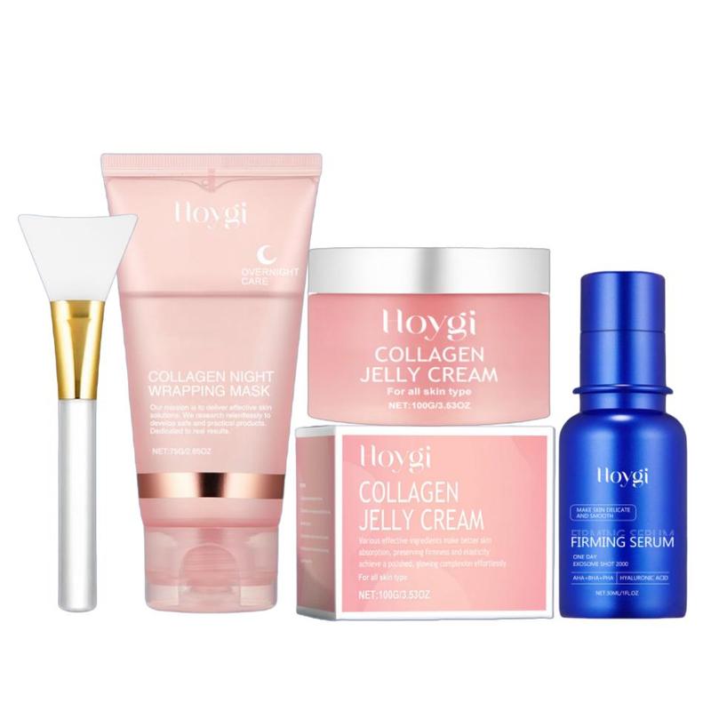 Collagen Peeling Mask & Jelly Cream & Serum & Brush Set, 4 Counts set Moisturizing Skin Care Kit, Hydrating Skin Care Kit for Men and Women