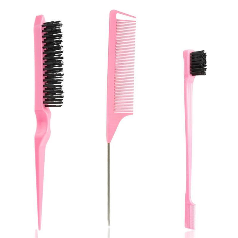 Slick Back Hair Brush Set: 3 Pcs Comb with Edge Brush, Rat Tail Comb, and Teasing Comb for Curly Hair Styling and Parting