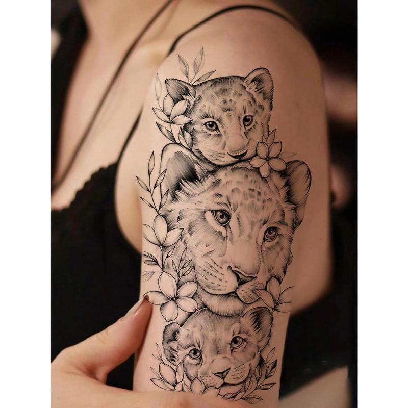 1pc Temporary Tattoo Sticker With Lion Animal Design, Suitable For Arms, Chest, Abdomen, Back, Etc. In Light Black