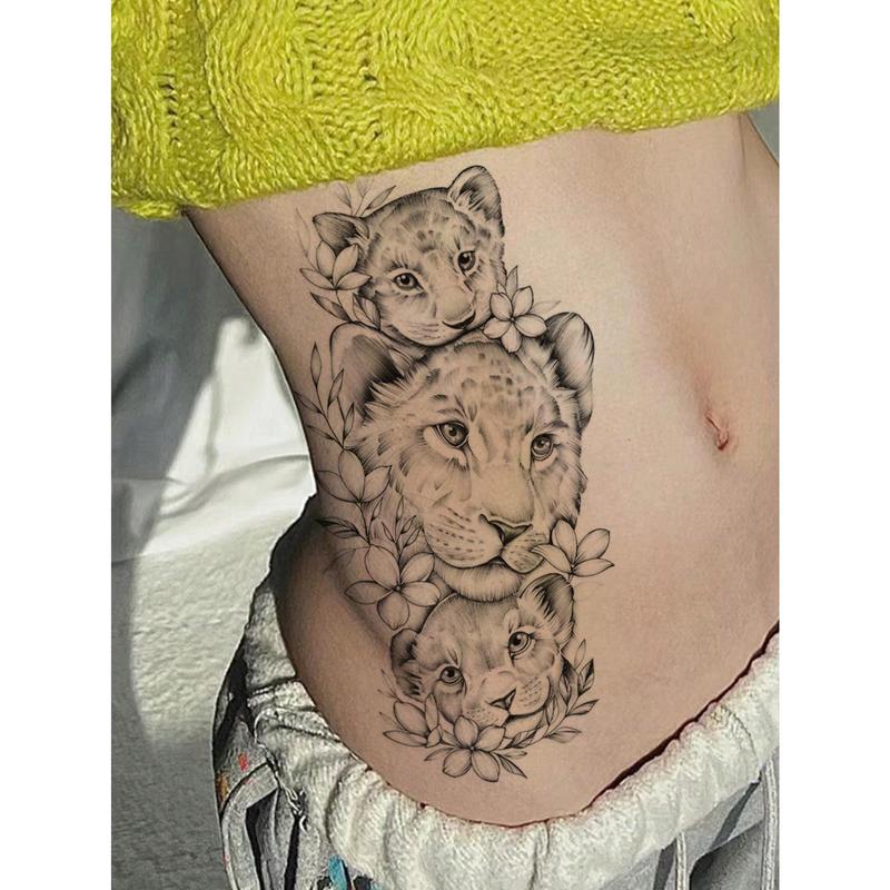 1pc Temporary Tattoo Sticker With Lion Animal Design, Suitable For Arms, Chest, Abdomen, Back, Etc. In Light Black