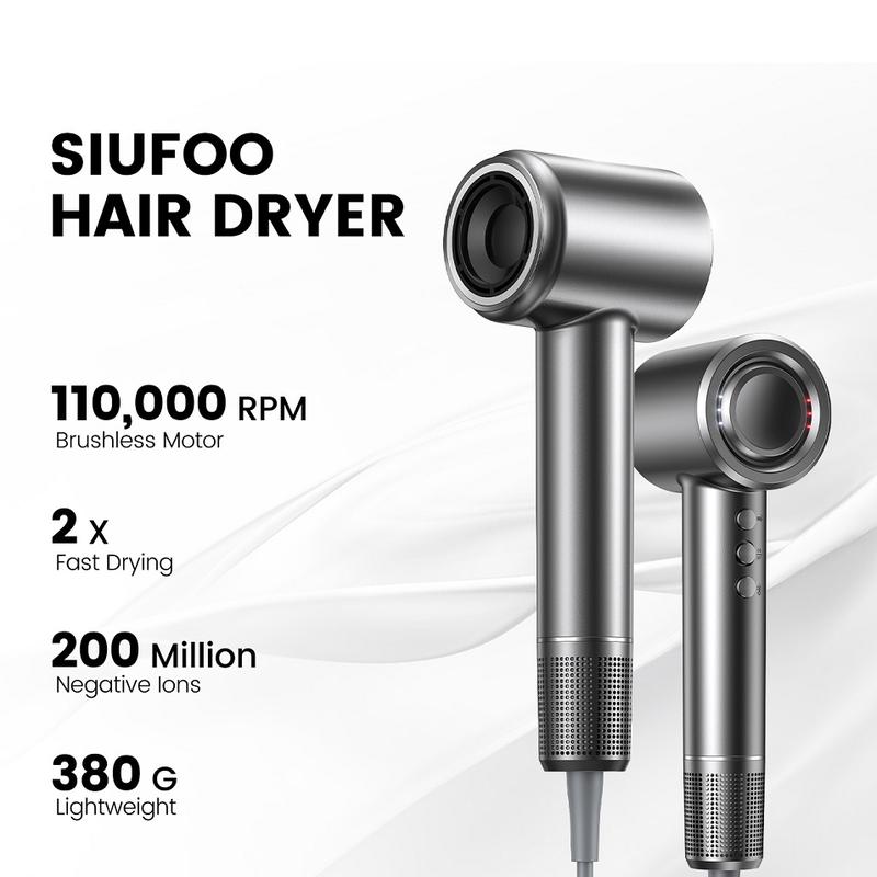 Hair Dryer, SIUFOO High Speed Blow Dryer with 110, 000 RPM Brushless Motor for Fast Drying, Low Noise with Magnetic Nozzle and Diffuser Negative Ionic 1400W 4 Temps & 3 Speeds for Salon, Home, Travel