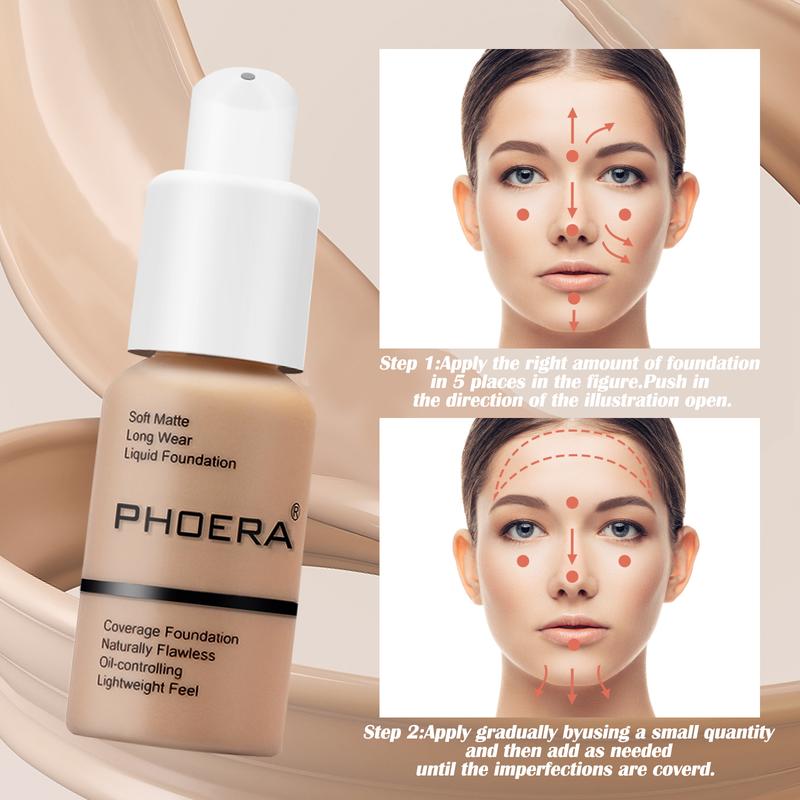 2PCS PHOERA Foundation Makeup Naturally Liquid Foundation Full Coverage Mattle Oil-Control Concealer 5 Colors Optional,Great Choice For Gift