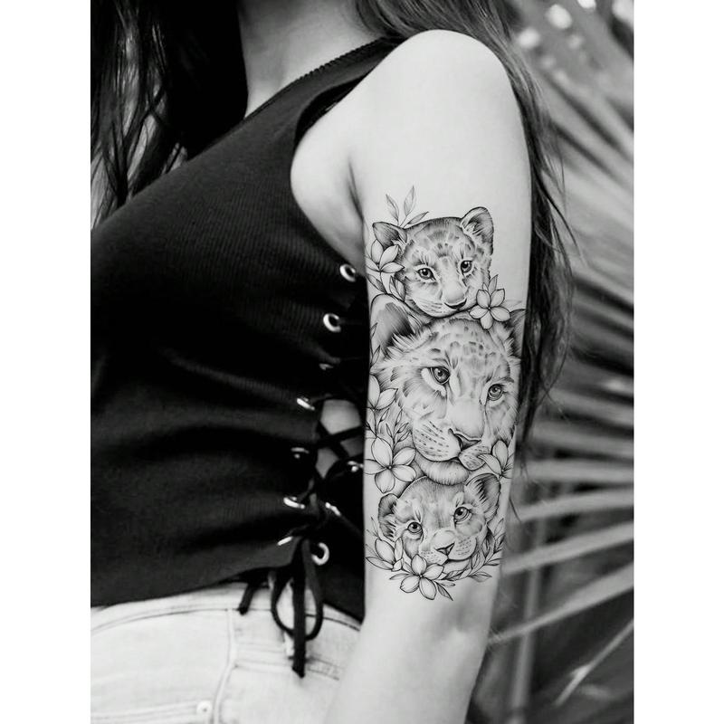 1pc Temporary Tattoo Sticker With Lion Animal Design, Suitable For Arms, Chest, Abdomen, Back, Etc. In Light Black