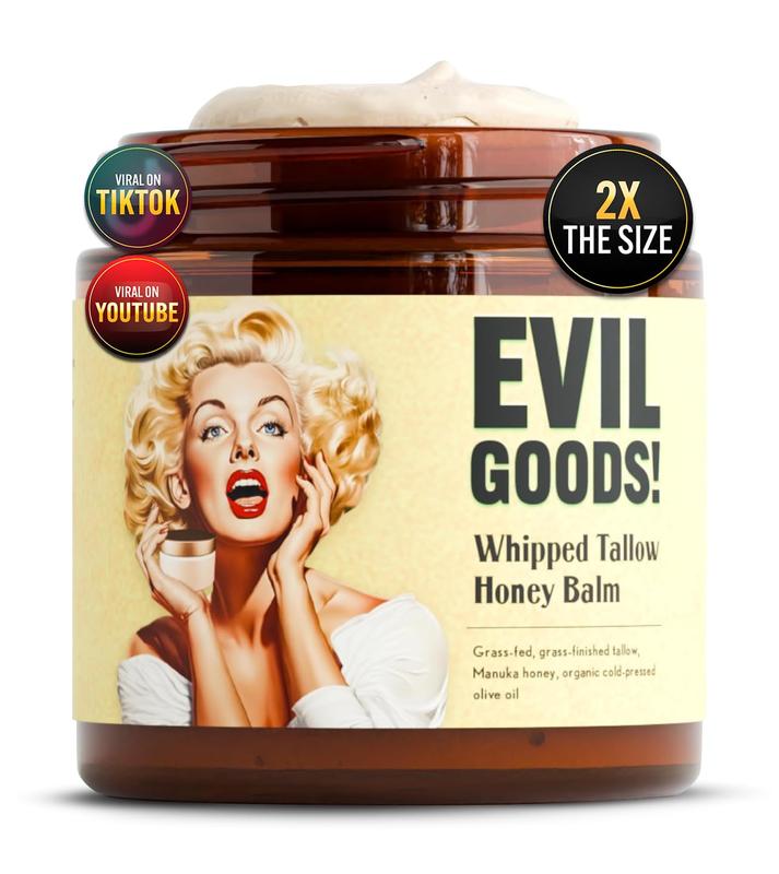 EVILGOODS Whipped Beef Tallow and Manuka Honey Balm, 4oz, Organic Face Cream, Moisturizer, Body Lotion, Skin Care and Lip Balm