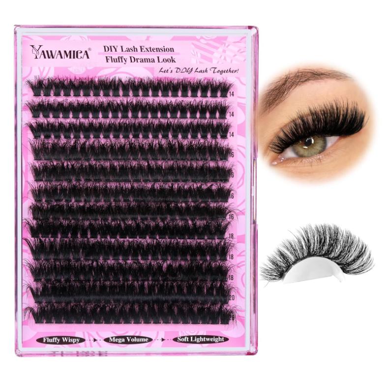 Yawamica Fluffy Lash Clusters Thick 200D Volume Eyelash Clusters 14-20mm Wispy Individual Lashes D Curl Cluster Eyelash Extensions 240pcs DIY Lash Extension for Beginners