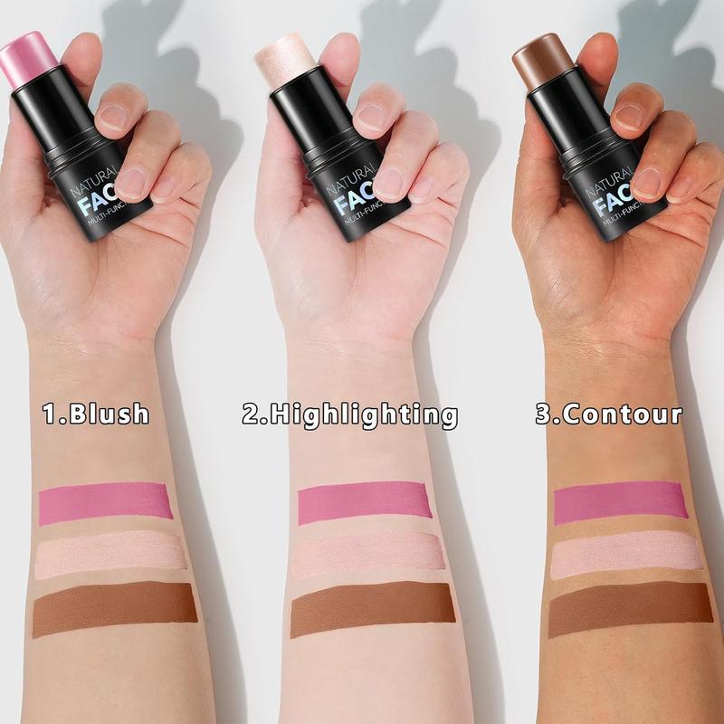 3Pcs Cream Contour Stick Makeup Kit, Shades with Highlighter Stick, Blush Stick and Bronzer Contour Stick for Sculpt the Cheeks, Long Lasting, Waterproof, Matte & Dewy Finish (LIGHT MEDIUM)