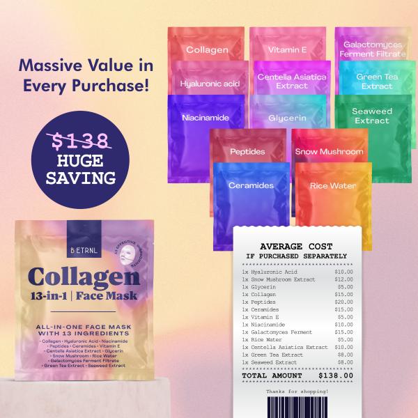 B ETRNL Collagen Face Mask - 13-in-1 Bio Collagen Real Deep Overnight Mask - Hydrating Glass Skin Facial Mask - Anti Wrinkle Korean Skincare Inspired Face Sheet Masks