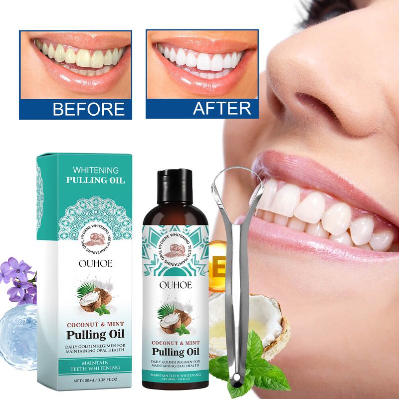 Coconut oil mouthwash removes odor, removes tooth stains, freshens breath, cares for teeth, oral care tooth cleanser