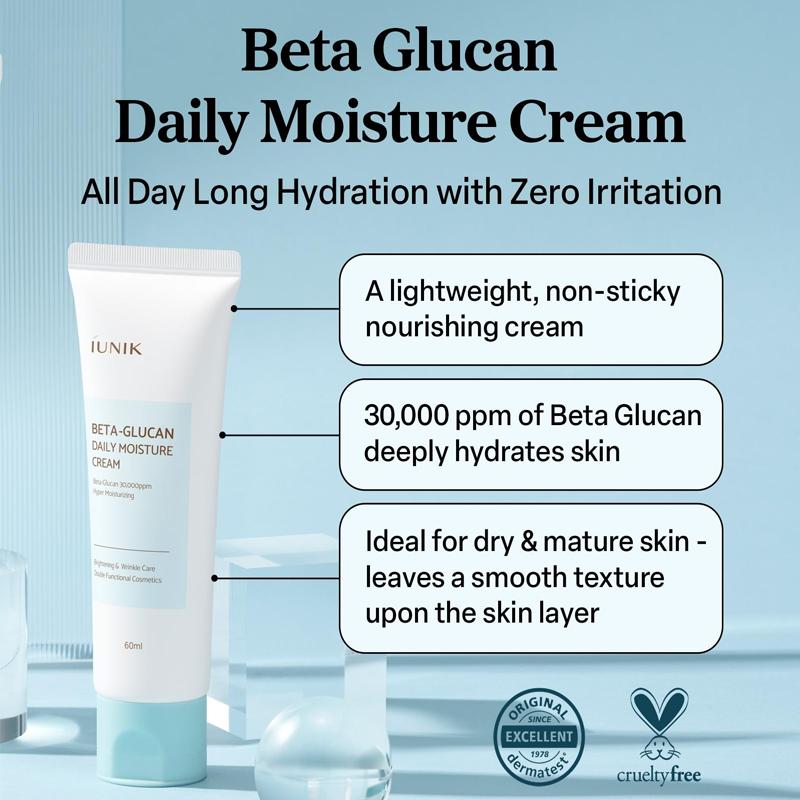 IUNIK Beta Glucan Daily Moisture Cream - Official Product Regenerating & Lifting Vegan Face Cream for Dry Mature Sagging Sensitive Skin (2.02 fl oz) Hydrating Lightweight