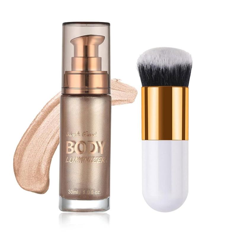 Body Shimmer Oil, Waterproof Long Lasting Moisturizing Bronze Body Luminizer Glow For Face & Body, Liquid Illuminator Body Highlighter 1oz Jars, Makeup Brush Include (Rose Gold #01)