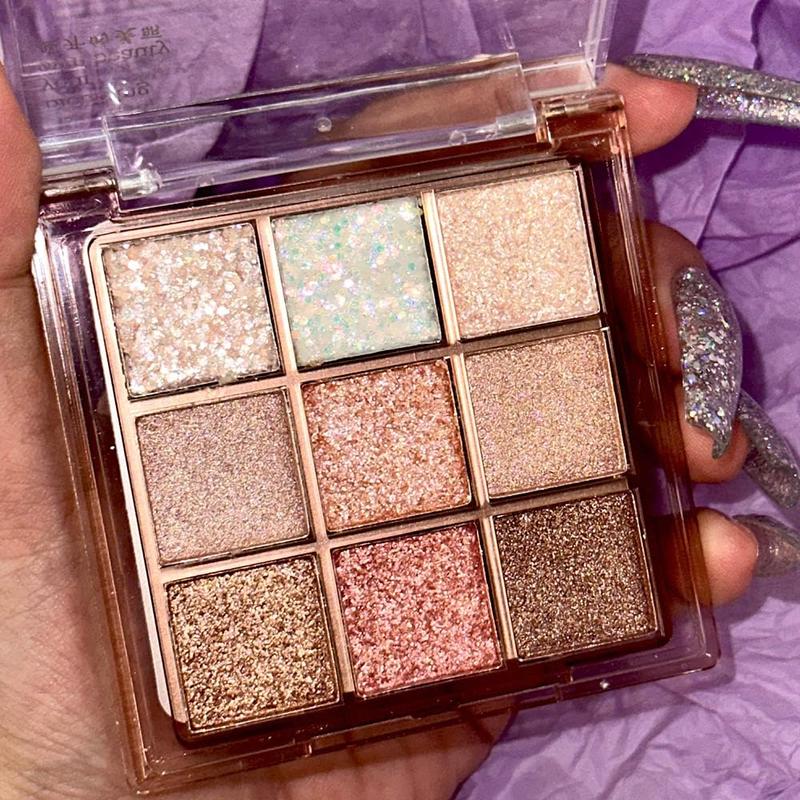 9Colors Glitter Eyeshadow Palette,Pink White Gold Glitter Shimmer Sparkly Eye Shadow Palette Makeup,Warm Pastel Eyeshadows Palette Long Lasting Waterproof Naturing-Looking Women Girls Eye Shadow