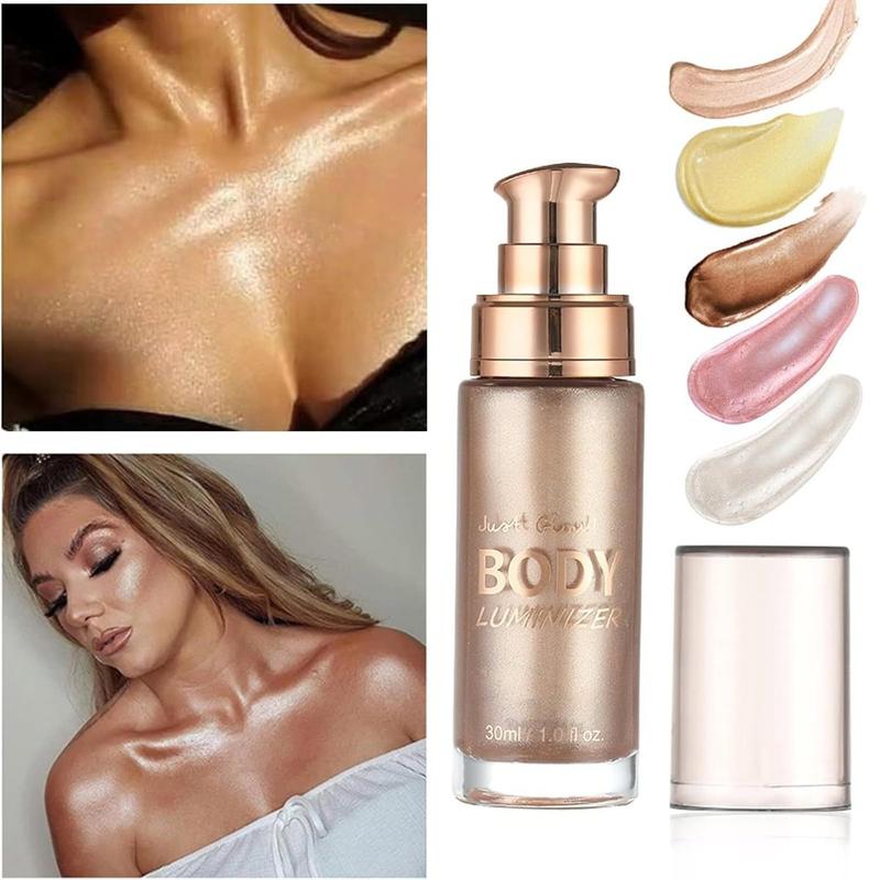 Body Shimmer Oil, Waterproof Long Lasting Moisturizing Bronze Body Luminizer Glow For Face & Body, Liquid Illuminator Body Highlighter 1oz Jars, Makeup Brush Include (Rose Gold #01)