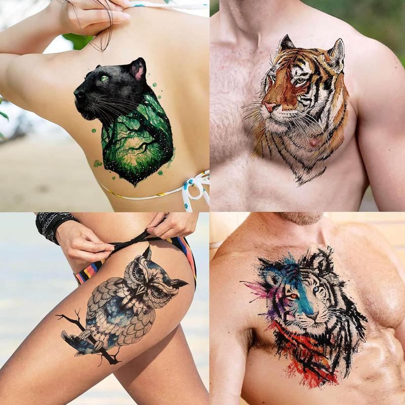 Trending! 56 Sheets of Watercolor Owl, Tiger, Lion Temporary Tattoos for Women and Men on Art Arm and Thigh! 3D, Long Lasting, and Realistic Fake Tattoo Sleeve Stickers for Adults. Also Featuring Wolf, Fox, and Leopard.