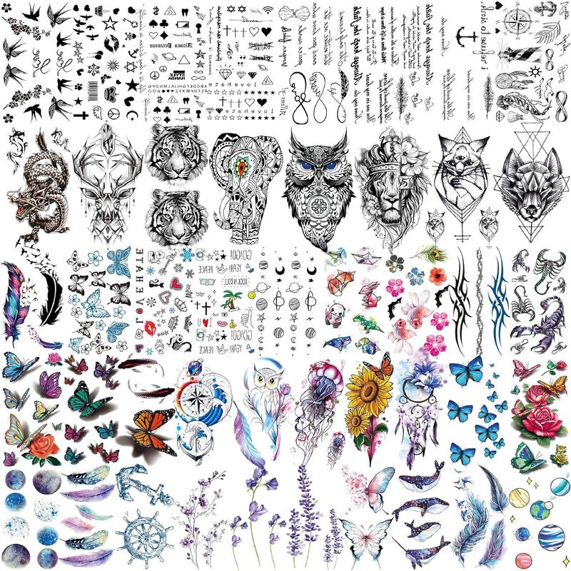 Trending! 56 Sheets of Watercolor Owl, Tiger, Lion Temporary Tattoos for Women and Men on Art Arm and Thigh! 3D, Long Lasting, and Realistic Fake Tattoo Sleeve Stickers for Adults. Also Featuring Wolf, Fox, and Leopard.