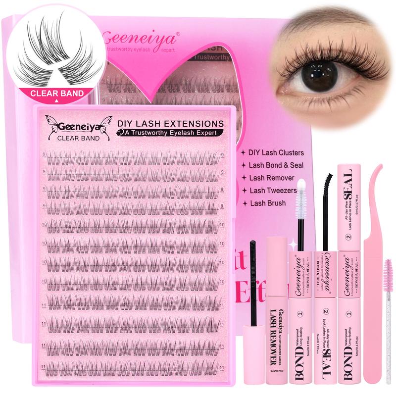 Geeneiya Clear Band Lash Clusters Kit Wispy Lash Extension Kit C Curl Natural Cluster Eyelash Extensions with Waterproof Lash Bond and Seal, Lash Remover for Clusters, Tweezers, Eyelashes Brush for Self Application Makeup Eyelashes Extensions (0.05D)