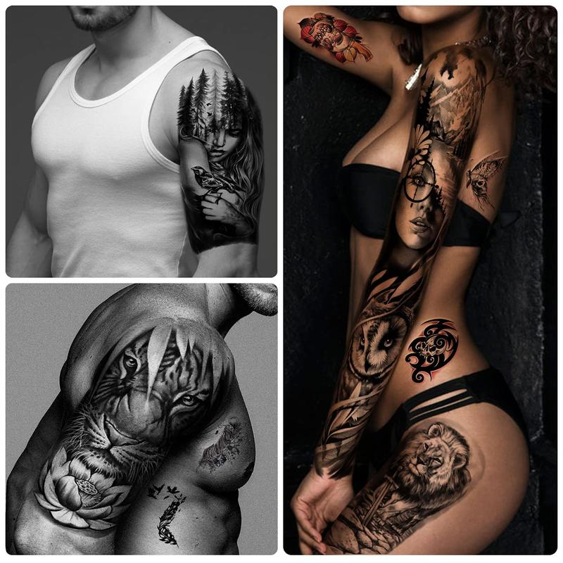 Full Arm Temporary Tattoo Waterproof For Men(L22.8“xW7”), 46 Sheets Fake Tattoos for Women Lion Tiger Clock Flower Skeleton Animals Design, Hand Forearm Shoulder 3D Temporary Tattoos Stickers bic  temporary party tattoo