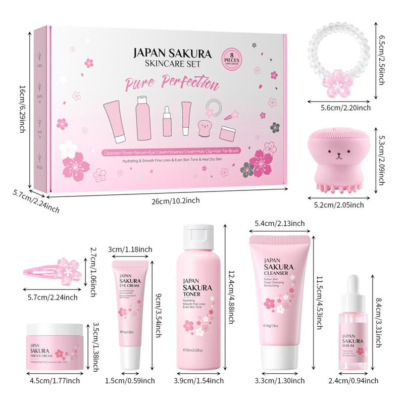 Daily Skin Care Set, Gentle Korean Skin Care Set, Women's Skin care Set Gift Box, including cleanser, toner, Lotion, Serum, Eye Cream, Essence Cream Cherry Blossom Beauty Products, 8 pcs Skin Repair