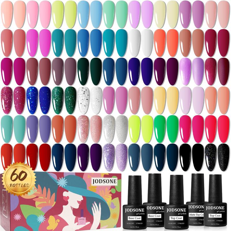 JODSONE 60 PCS Gel Nail Polish Starter Kit 55 Color Combination of Light and Dark Colors Emerald Green Klein Blue Soak off No Wipe Base Coat Matte and Glossy Top Coat Nail Gel Kit