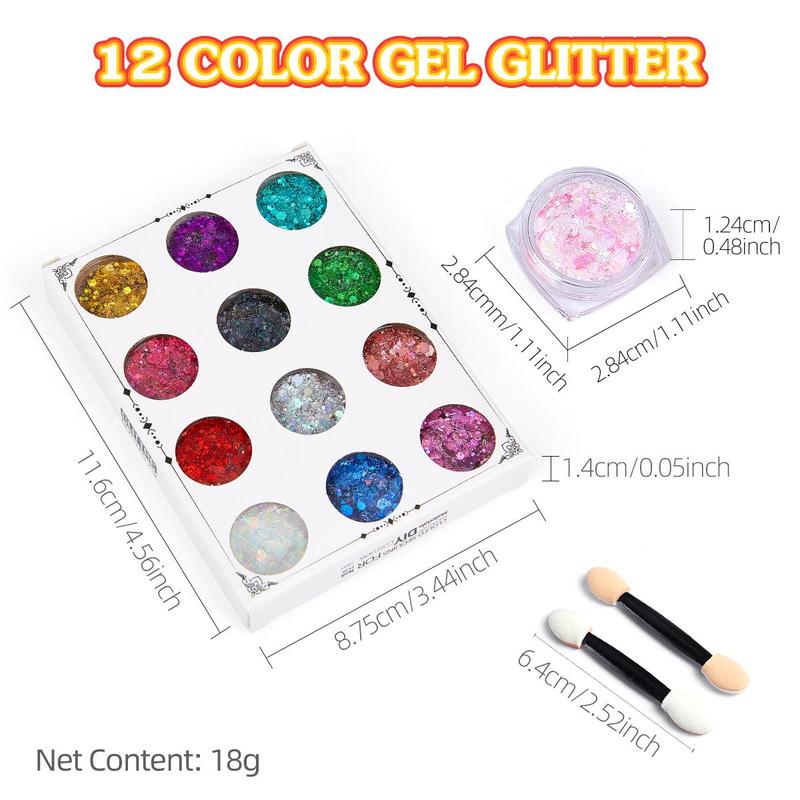 12 Color Glitter Gel with 2 Counts Brush, 3 Counts set Long Lasting Shimmering Body Makeup Kit, Sparkling Makeup Products for Festival Party