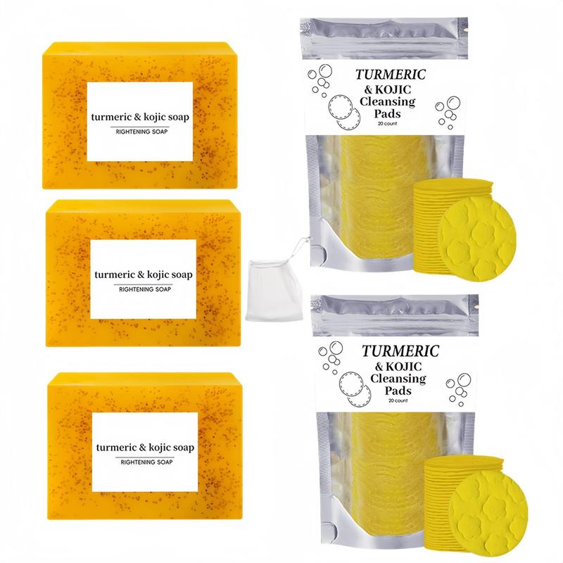 Turmeric Kojic Acid Cleansing Pads & Soap Bar Set for Dark Spots, 6 Counts set Daily Skincare Face & Body Wash for Men & Women, Christmas Gift