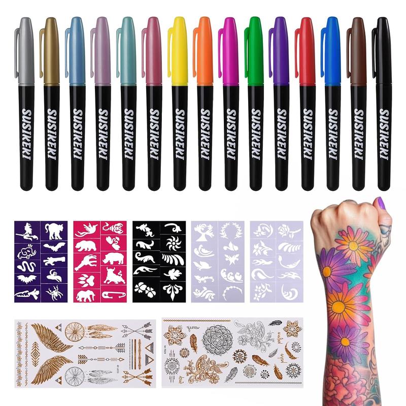 Temporary Tattoo Markers Set for Skin - Includes 15-Color Tattoo Pens, 50 Paint Stencils & 43 Tattoo Stickers, Glitter, Matte, Neon Glow Body Markers - Removable Fake Tattoos Kit for Teens & Adults, Perfect for Parties, Festivals, Cosplay