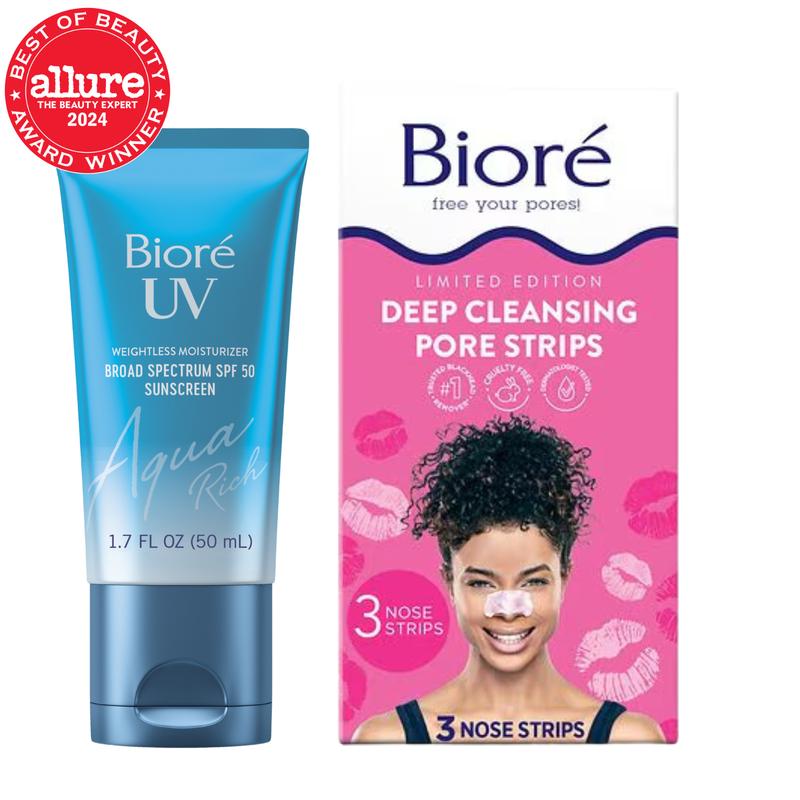 Bioré Hydration & Pore Perfection Bundle: Aqua Rich UV SPF 50 Moisturizer Sunscreen & Limited Edition Kiss Strip Deep Cleansing Pore Strips Pack Set