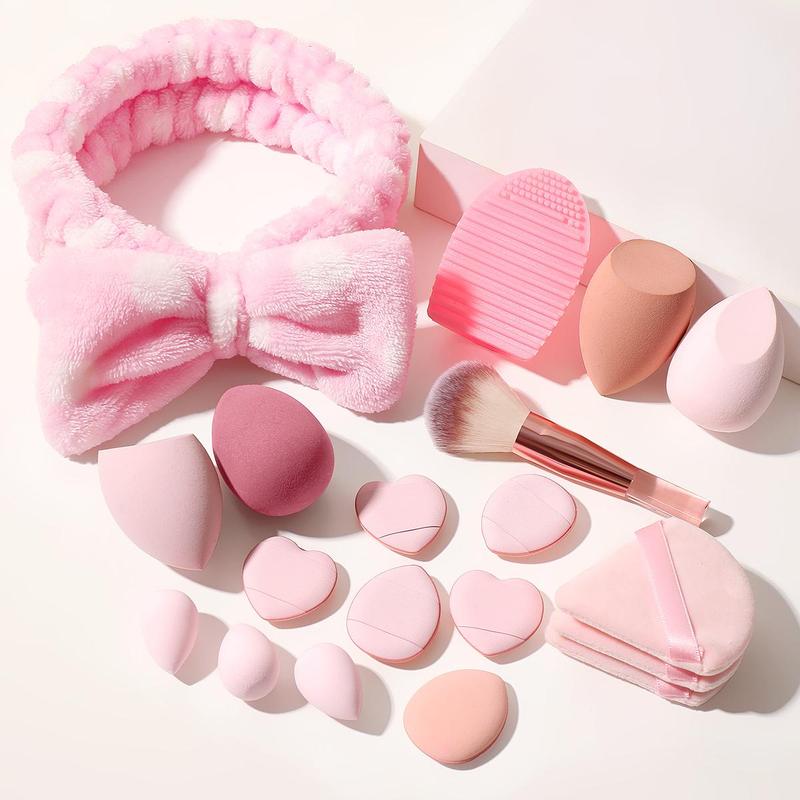 Cosmetics Sponges & Makeup Brushes Set, 19pcs Including 4 Beauty Blenders, 3 Mini Beauty Sponges, 9 Powder Puffs, Makeup Brush, Brush Cleaning Pad & Headband