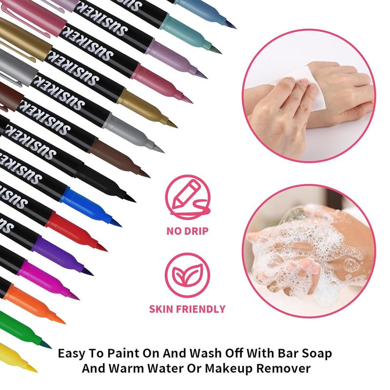 Temporary Tattoo Markers Set for Skin - Includes 15-Color Tattoo Pens, 50 Paint Stencils & 43 Tattoo Stickers, Glitter, Matte, Neon Glow Body Markers - Removable Fake Tattoos Kit for Teens & Adults, Perfect for Parties, Festivals, Cosplay