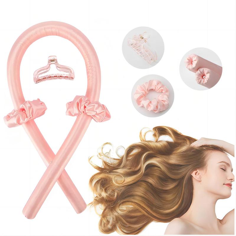 Heatless Curls Overnight & Satin Bonnet, No Heat Hair Curlers Headband for Long Hair, 7 PCS Curling Rod Set Haircare Gift for Women - Pink