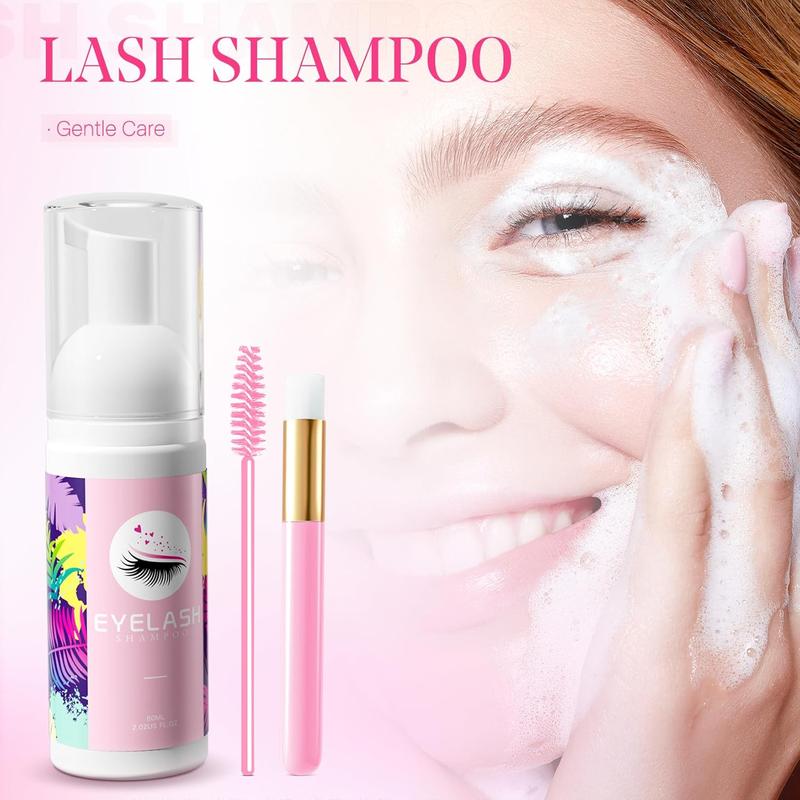 Christmas Gift Lash Shampoo for Lash Extensions 60ml Eyelash Extension Cleanser Lash Shampoo Cleaning Kit with Shampoo Brush & Mascara Brush-No Irritating Foaming Eyelash