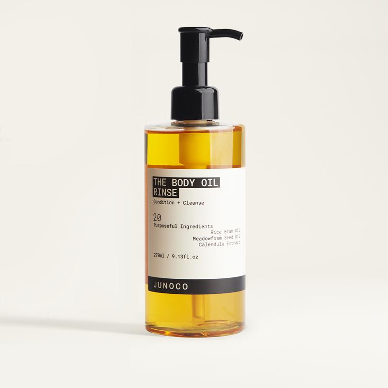 JUNOCO The Body Oil Rinse. 9.13oz. Shower Oil Body Wash with Rice Bran Oil, Meadowfoam Seed Oil, and Calendula Extract.