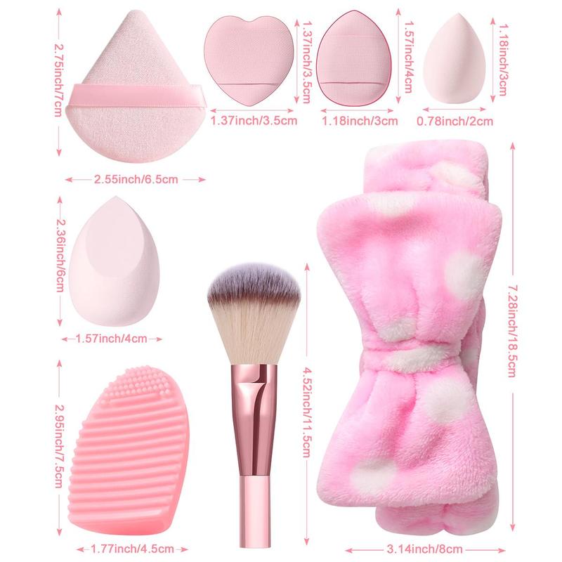 Cosmetics Sponges & Makeup Brushes Set, 19pcs Including 4 Beauty Blenders, 3 Mini Beauty Sponges, 9 Powder Puffs, Makeup Brush, Brush Cleaning Pad & Headband