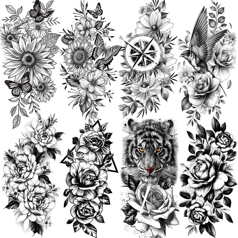 Flower & Tiger Pattern Temporary Tattoo Sticker, 8 Counts set Waterproof Floral Fake Tattoo Decals, DIY Body Art Stickers for Women & Men