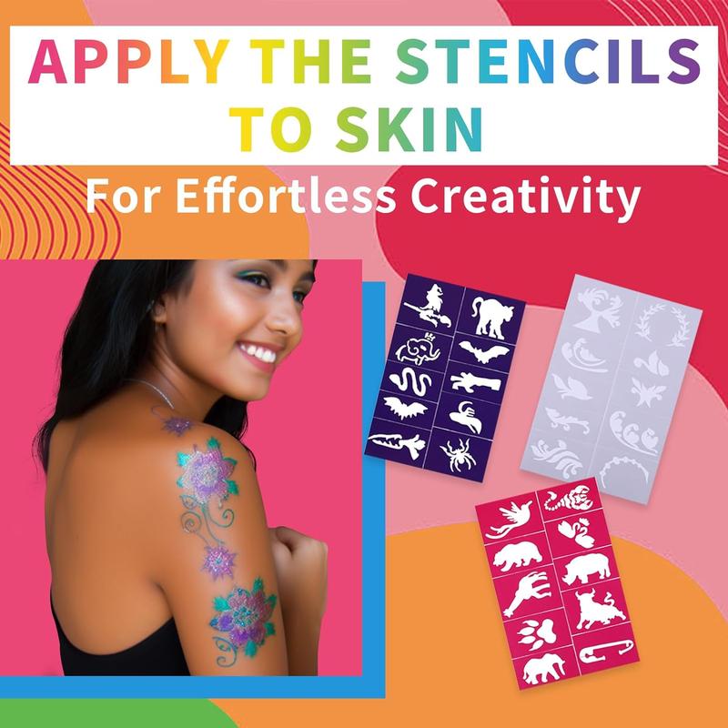 Temporary Tattoo Markers Set for Skin - Includes 15-Color Tattoo Pens, 50 Paint Stencils & 43 Tattoo Stickers, Glitter, Matte, Neon Glow Body Markers - Removable Fake Tattoos Kit for Teens & Adults, Perfect for Parties, Festivals, Cosplay