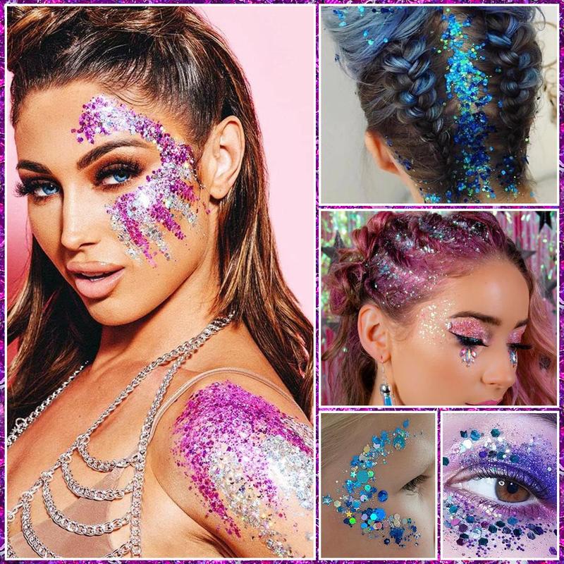 12 Color Glitter Gel with 2 Counts Brush, 3 Counts set Long Lasting Shimmering Body Makeup Kit, Sparkling Makeup Products for Festival Party