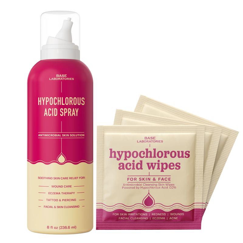 Base Labs Hypochlorous Acid Spray & Wipes Bundle | Complete Skin & Wound Healing Set with Hypochlorous Acid & Saline Solution for Face, Skin & Body | Fast Relief for Acne, Eczema, Piercings, & Irritations