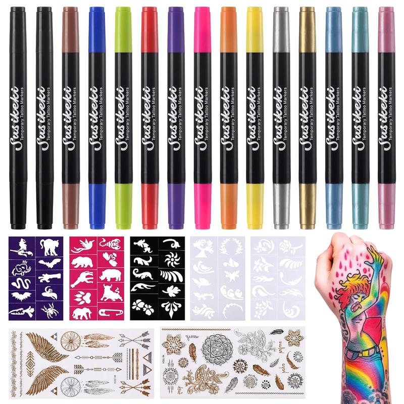 Temporary Tattoo Markers Set for Skin - Includes 15-Color Tattoo Pens, 50 Paint Stencils & 43 Tattoo Stickers, Glitter, Matte, Neon Glow Body Markers - Removable Fake Tattoos Kit for Teens & Adults, Perfect for Parties, Festivals, Cosplay