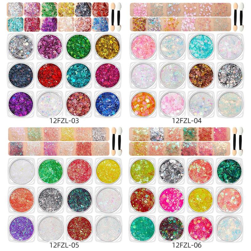 12 Color Glitter Gel with 2 Counts Brush, 3 Counts set Long Lasting Shimmering Body Makeup Kit, Sparkling Makeup Products for Festival Party