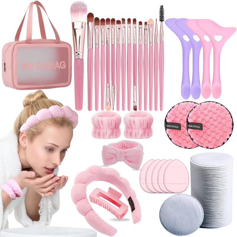 Professional Makeup Tool Set, 1 Box Makeup Brush & Makeup Remover Pads & Hair Band & Wristband & Puffs & Bag, Multifunctional Travel Makeup Cleansing Tool Set