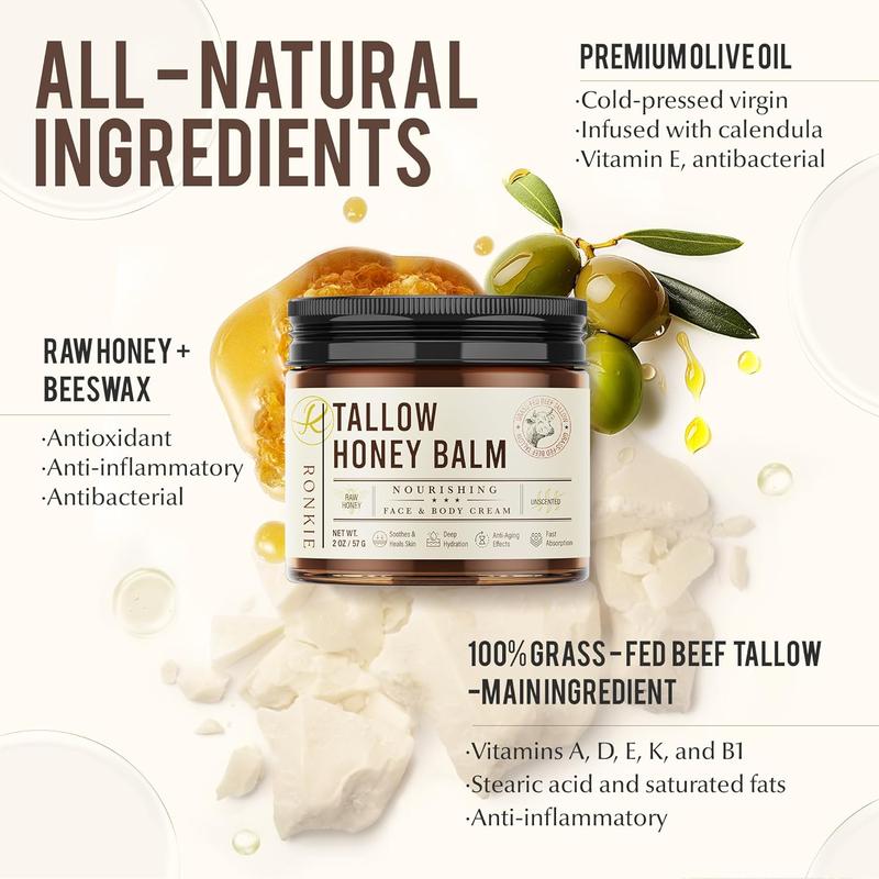 Beef Tallow for Skin Care: Grass-Fed Beef Tallow and Raw Honey Balm - Unscented Natural Tallow Face Moisturizer Smooth Soft for Dry Skin 2oz